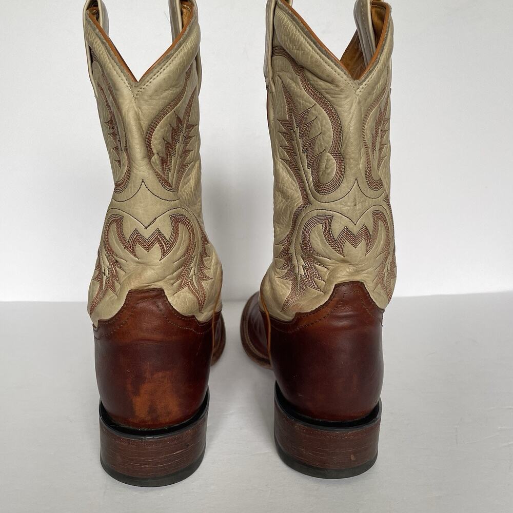 Vintage Tony Lama Roper Cowboy Boots Men’s 8.5 D Brown & Cream Leather USA Made - Picture 5 of 16